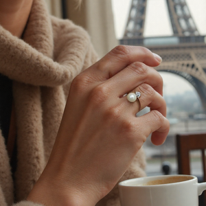 14K Rose Gold-Plated Annabella Ring with Pearl and AAA Grade Cubic Zirconia